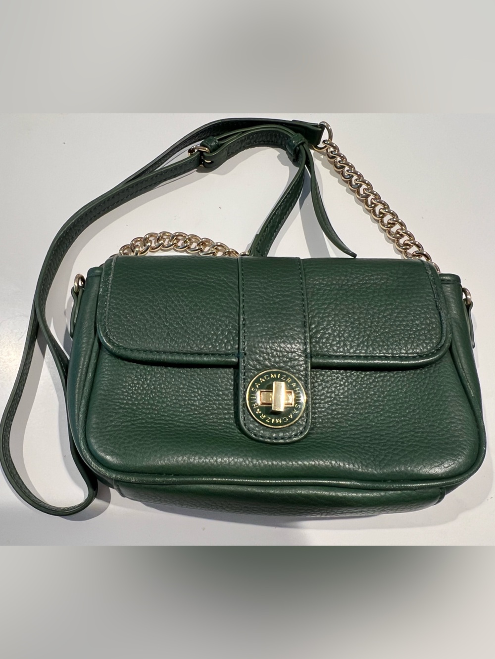 Isaac Mizrahi Dark Green Pebbled Leather Crossbody with Gold Chain